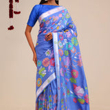 Berry Blue Banarasi Tussar Saree With Floral Design