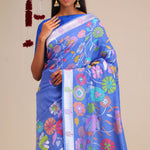 Berry Blue Banarasi Tussar Saree With Floral Design