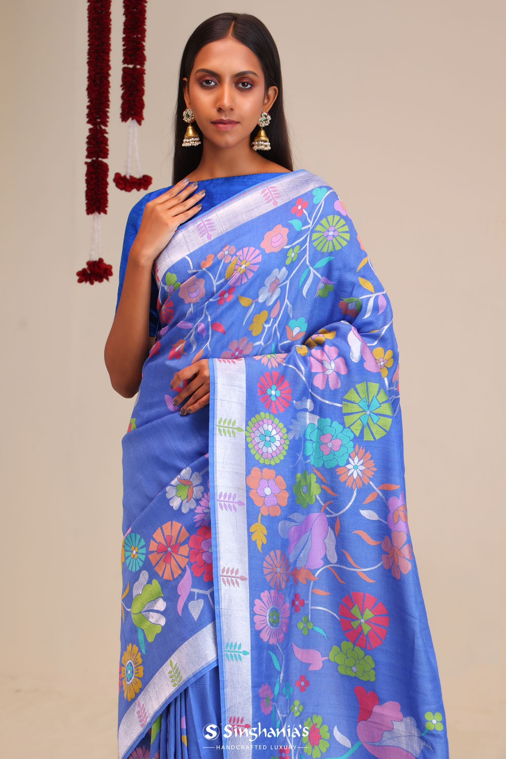 Berry Blue Banarasi Tussar Saree With Floral Design