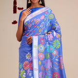 Berry Blue Banarasi Tussar Saree With Floral Design