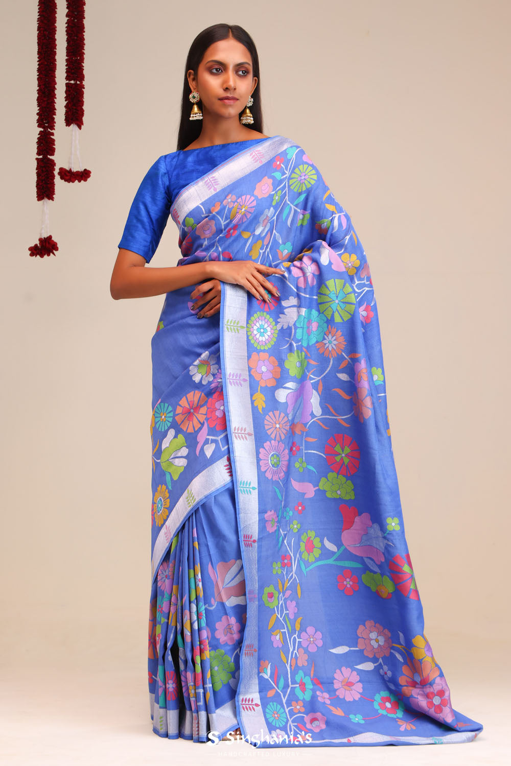Berry Blue Banarasi Tussar Saree With Floral Design