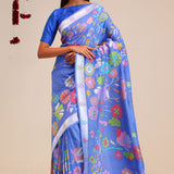 Berry Blue Banarasi Tussar Saree With Floral Design