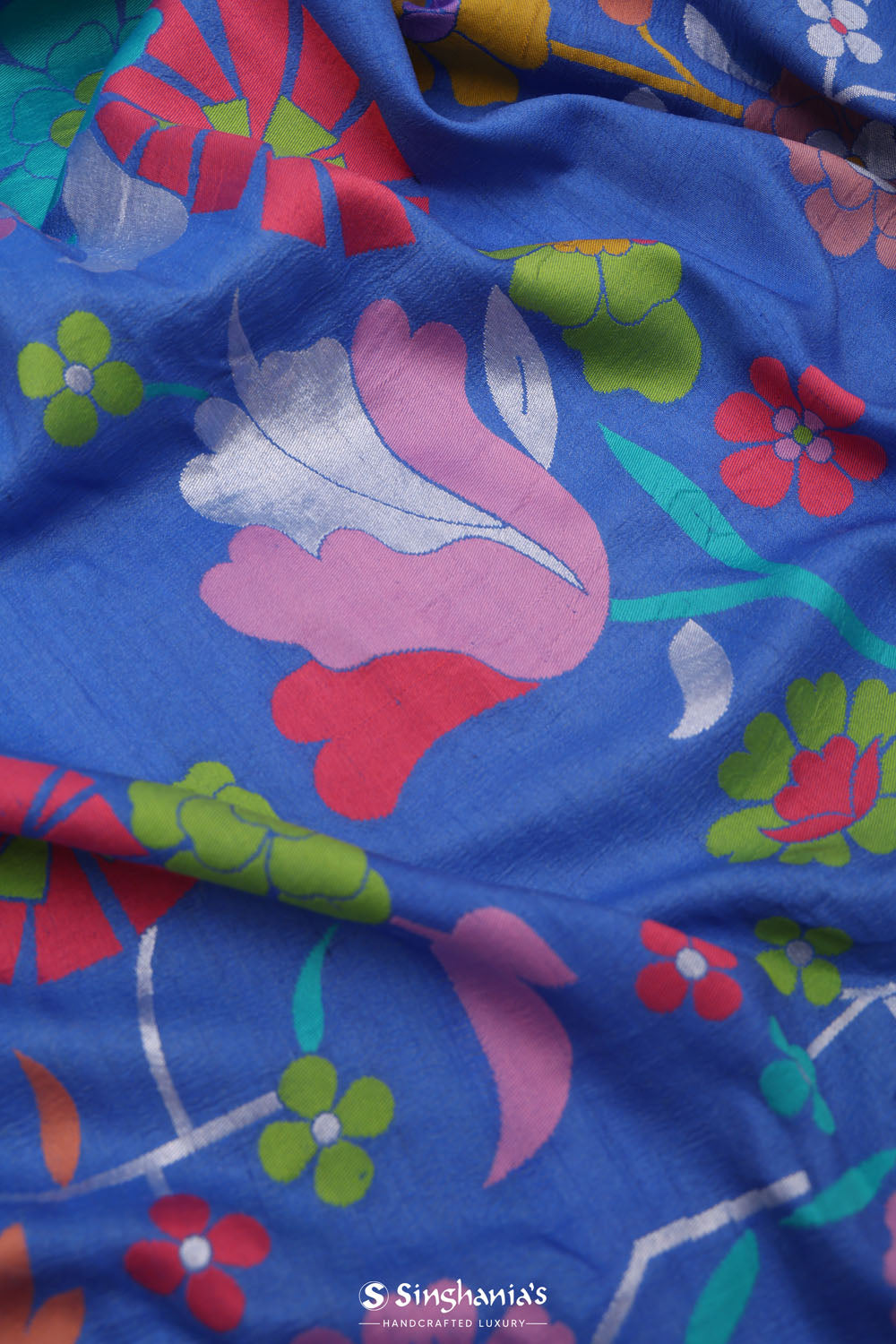 Berry Blue Banarasi Tussar Saree With Floral Design