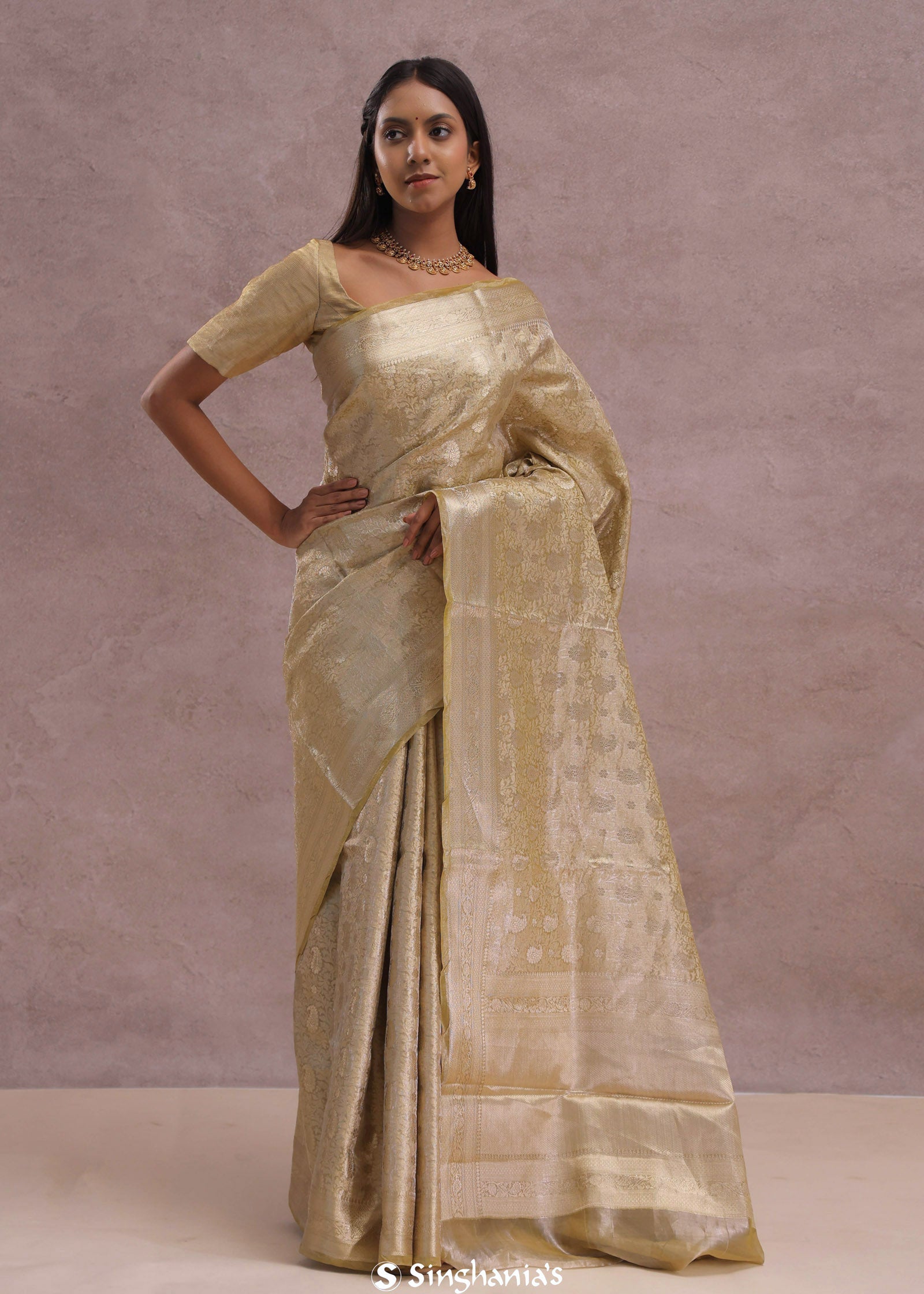 Granola Yellow Tissue Organza Banarasi Saree With Gold Zari Border
