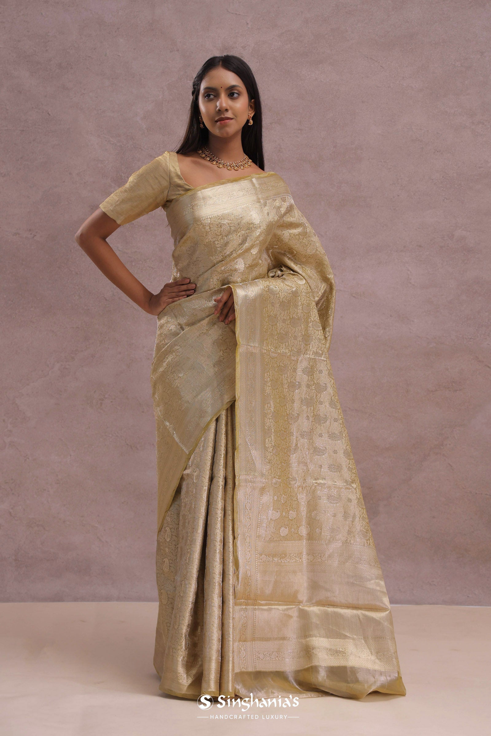Granola Yellow Tissue Organza Banarasi Saree With Gold Zari Border