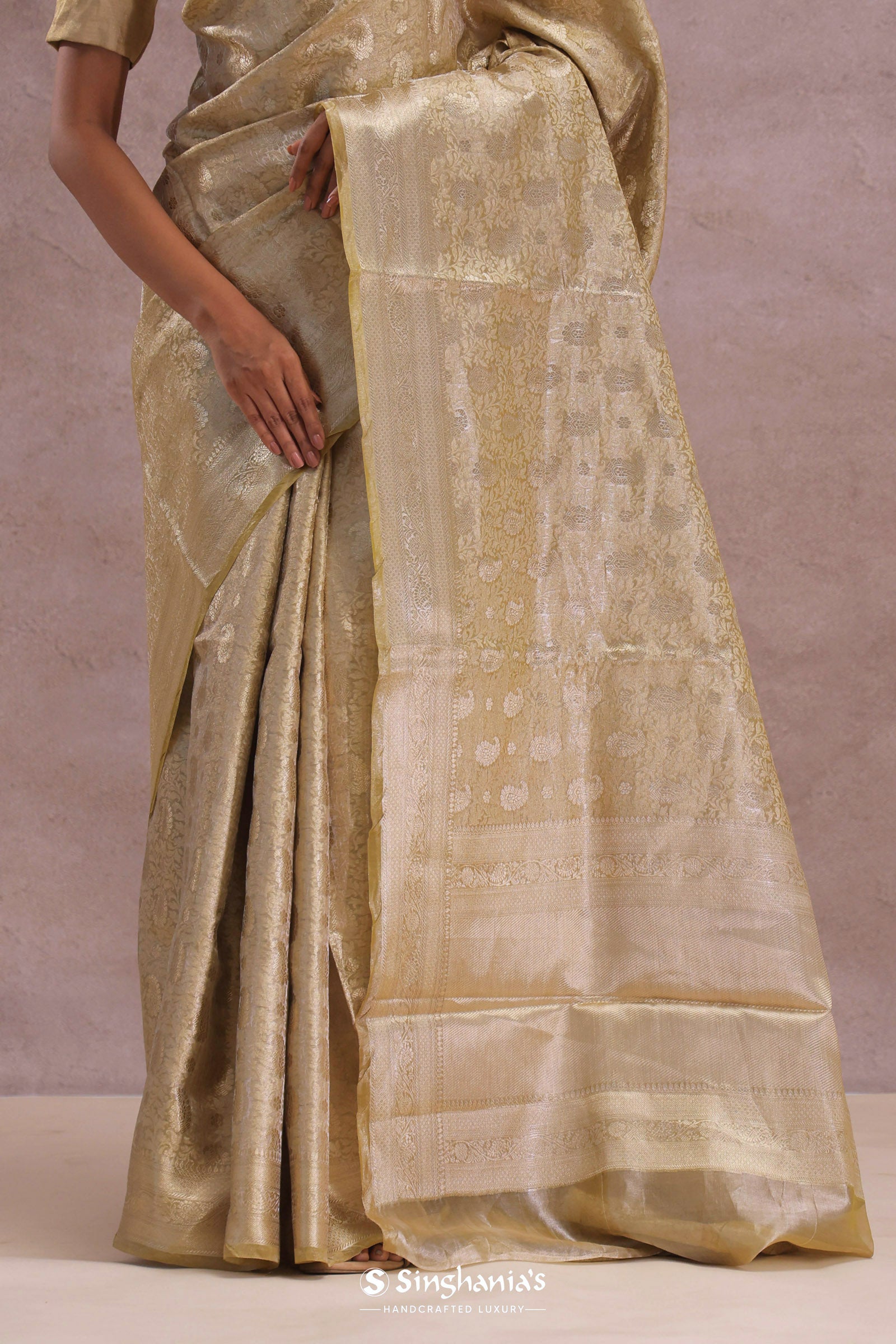 Granola Yellow Tissue Organza Banarasi Saree With Gold Zari Border