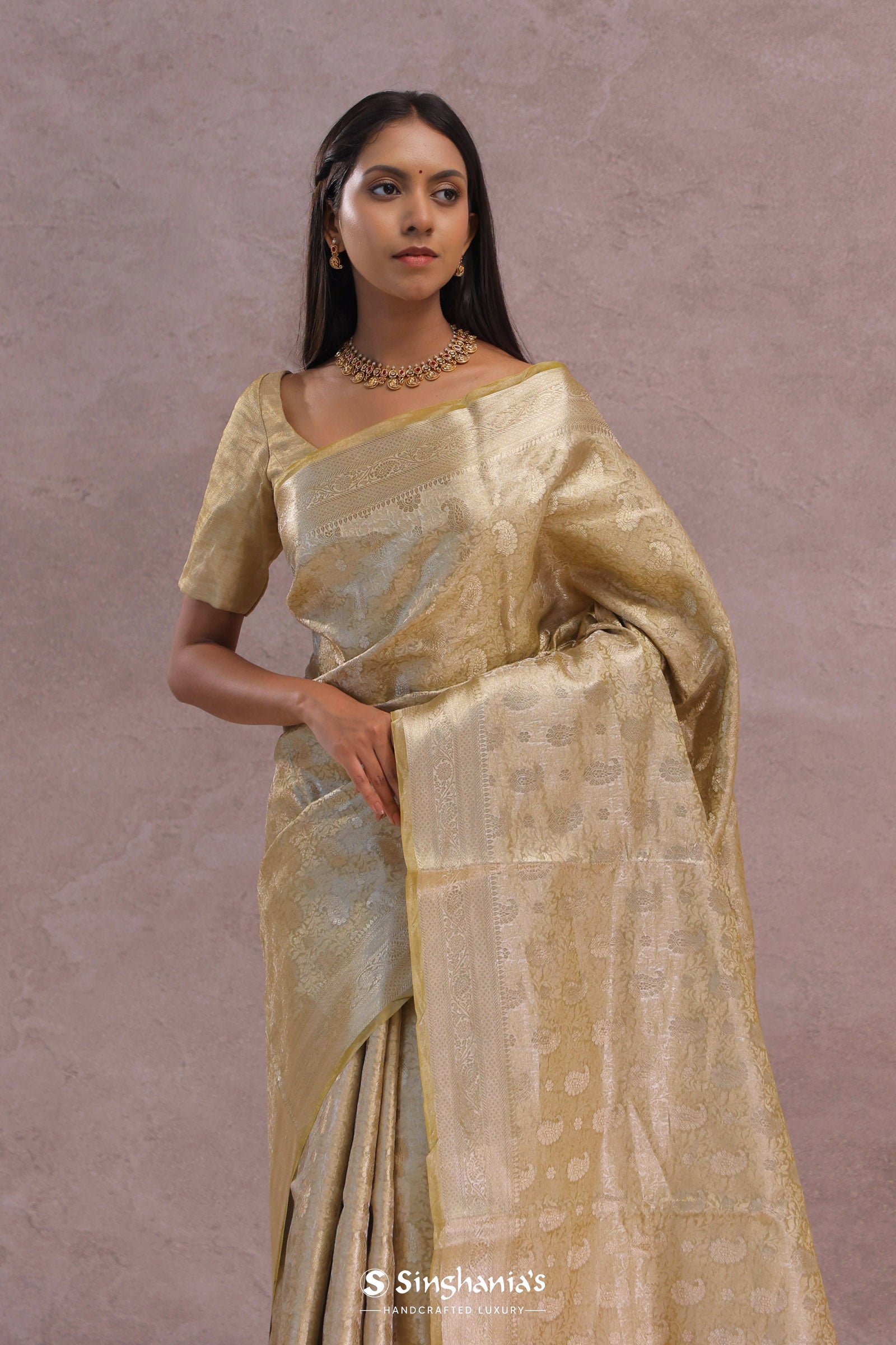 Granola Yellow Tissue Organza Banarasi Saree With Gold Zari Border