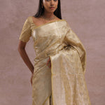 Granola Yellow Tissue Organza Banarasi Saree With Gold Zari Border