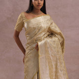 Granola Yellow Tissue Organza Banarasi Saree With Gold Zari Border