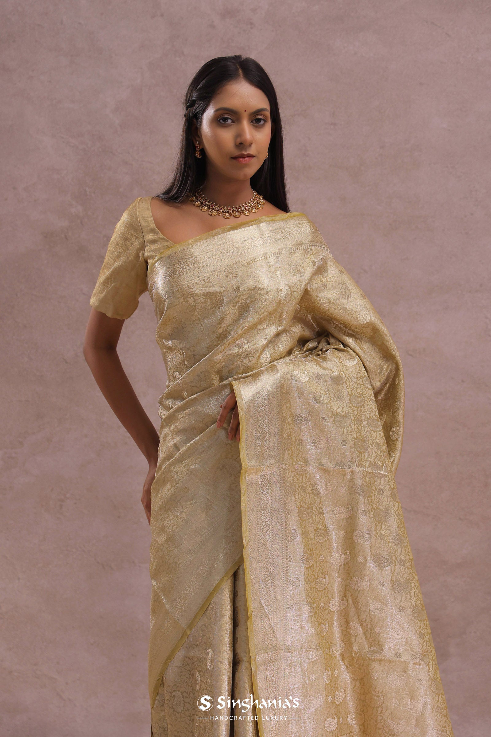 Granola Yellow Tissue Organza Banarasi Saree With Gold Zari Border