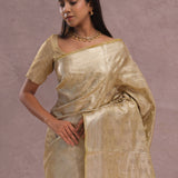 Granola Yellow Tissue Organza Banarasi Saree With Gold Zari Border