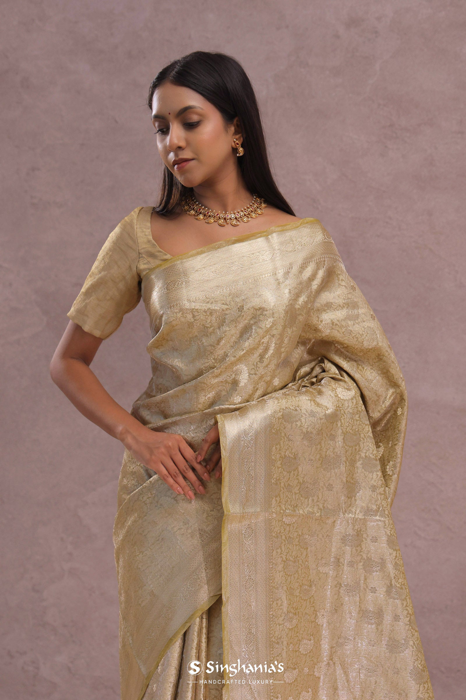 Granola Yellow Tissue Organza Banarasi Saree With Gold Zari Border