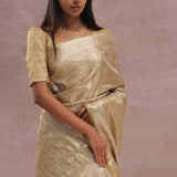 Granola Yellow Tissue Organza Banarasi Saree With Gold Zari Border