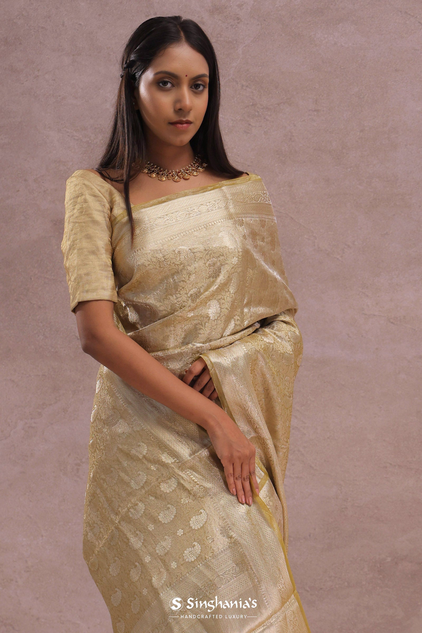 Granola Yellow Tissue Organza Banarasi Saree With Gold Zari Border