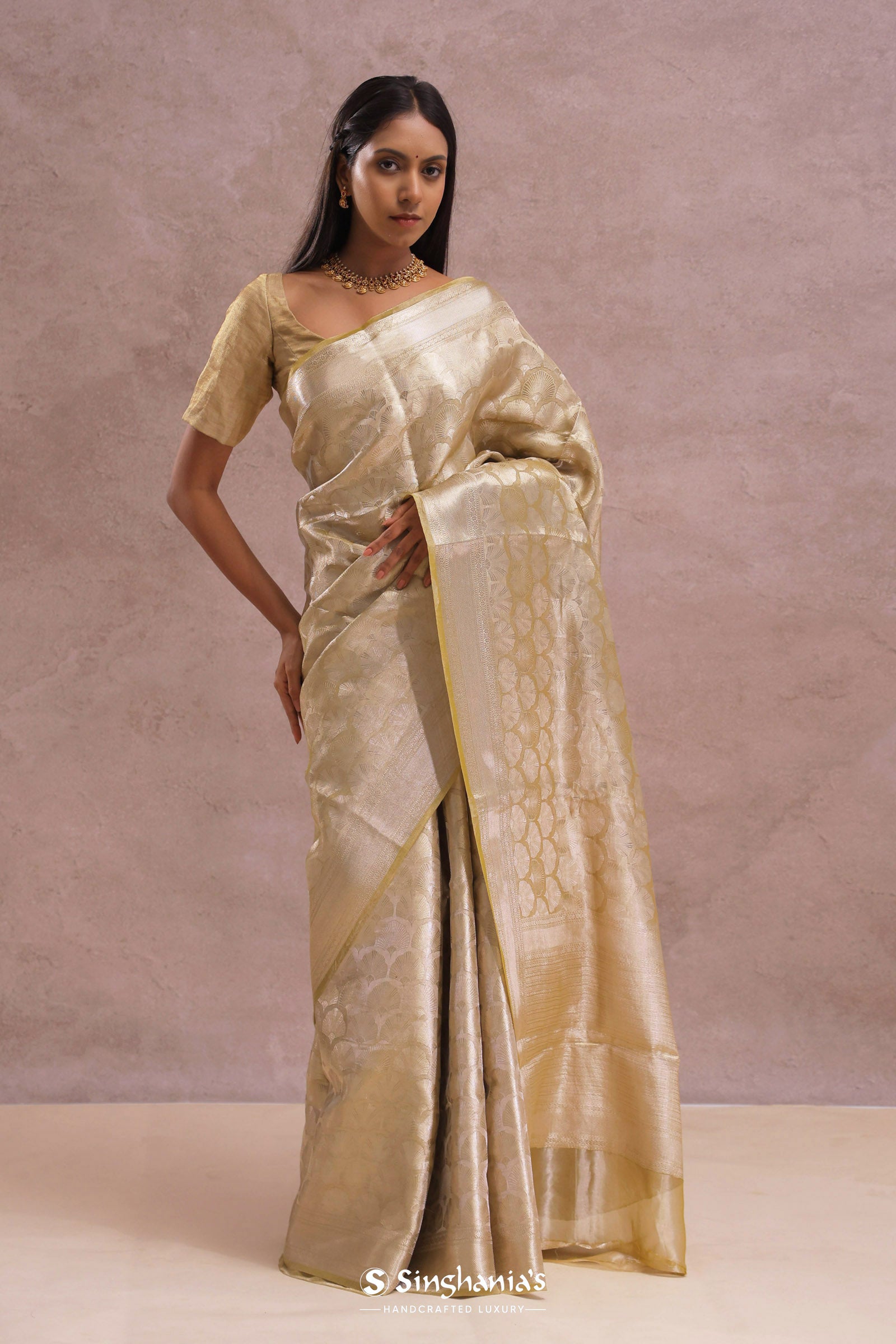 Fawn Yellow Tiissue Organza Banarasi Saree With Gold Zari Work