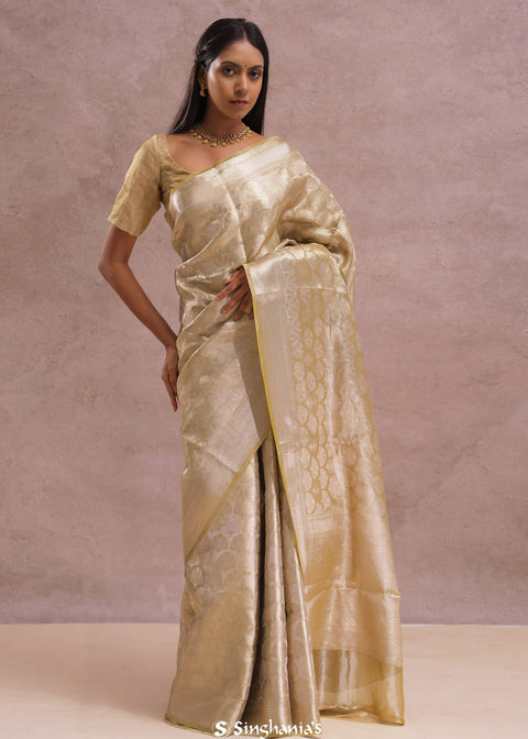 <img> Fawn Yellow Tiissue Organza Banarasi Saree With Gold Zari Work