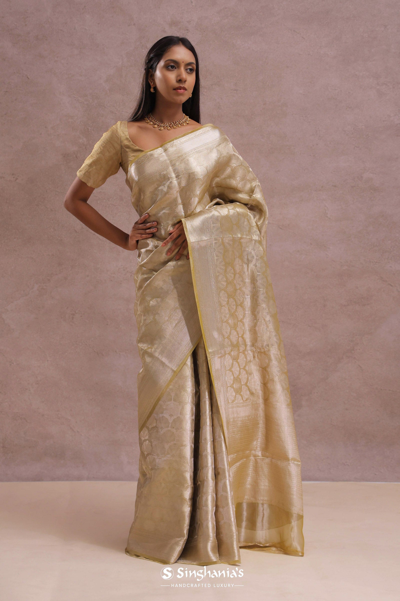 Fawn Yellow Tiissue Organza Banarasi Saree With Gold Zari Work