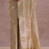 Fawn Yellow Tiissue Organza Banarasi Saree With Gold Zari Work