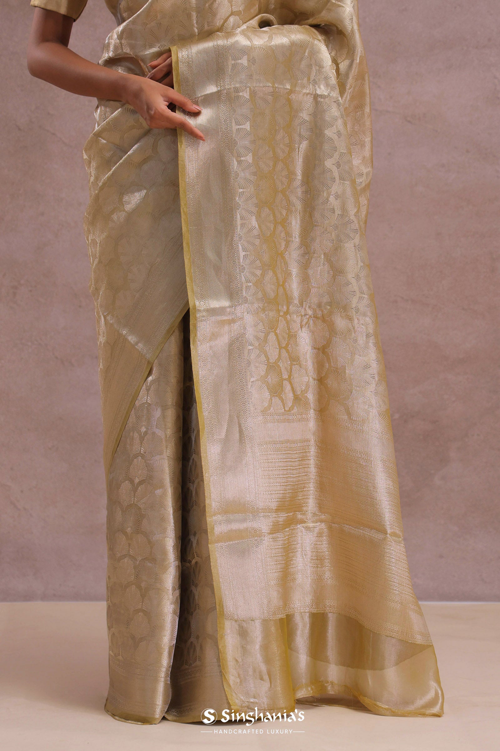Fawn Yellow Tiissue Organza Banarasi Saree With Gold Zari Work