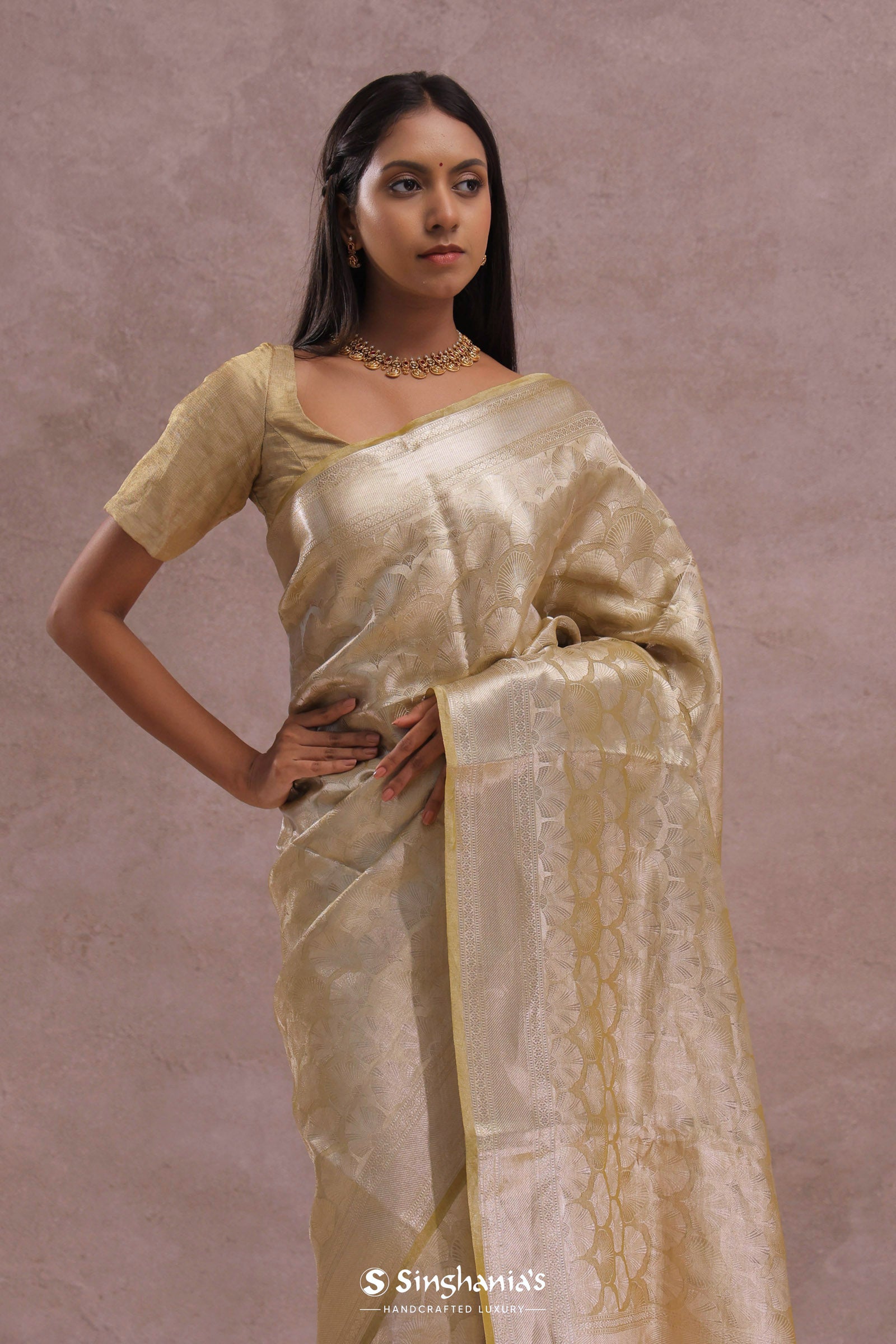 Fawn Yellow Tiissue Organza Banarasi Saree With Gold Zari Work