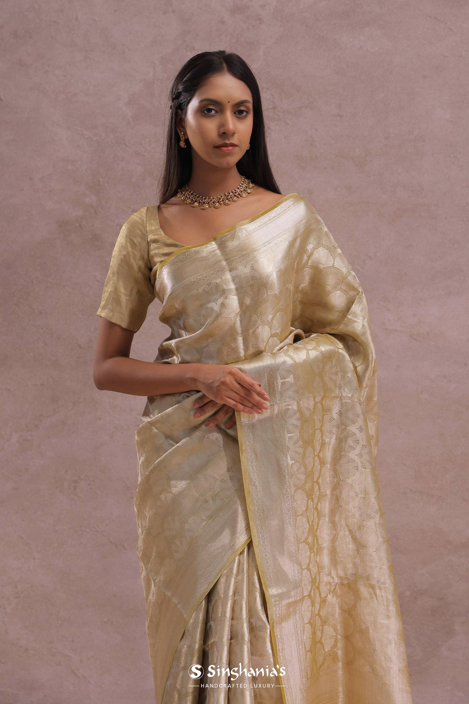 Fawn Yellow Tiissue Organza Banarasi Saree With Gold Zari Work