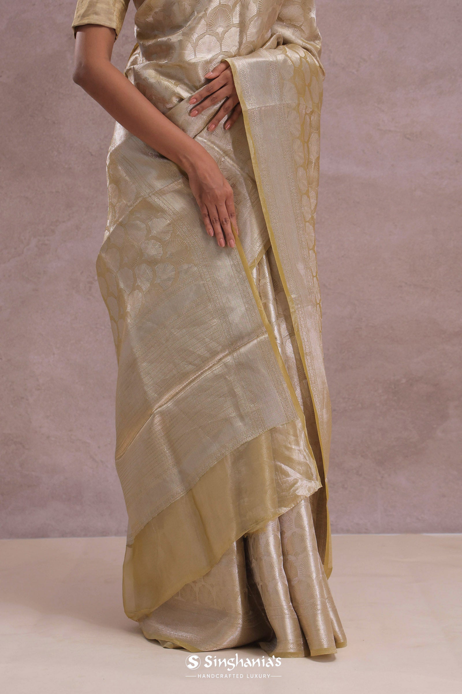 Fawn Yellow Tiissue Organza Banarasi Saree With Gold Zari Work