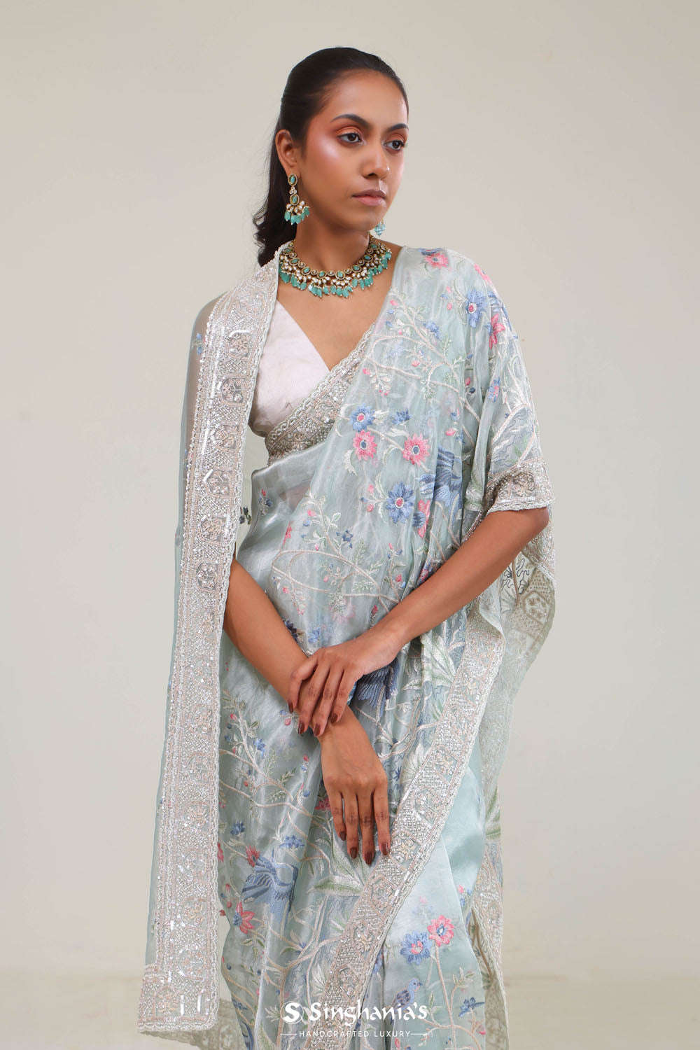 Pale Blue Crafted Jaal Tissue Saree