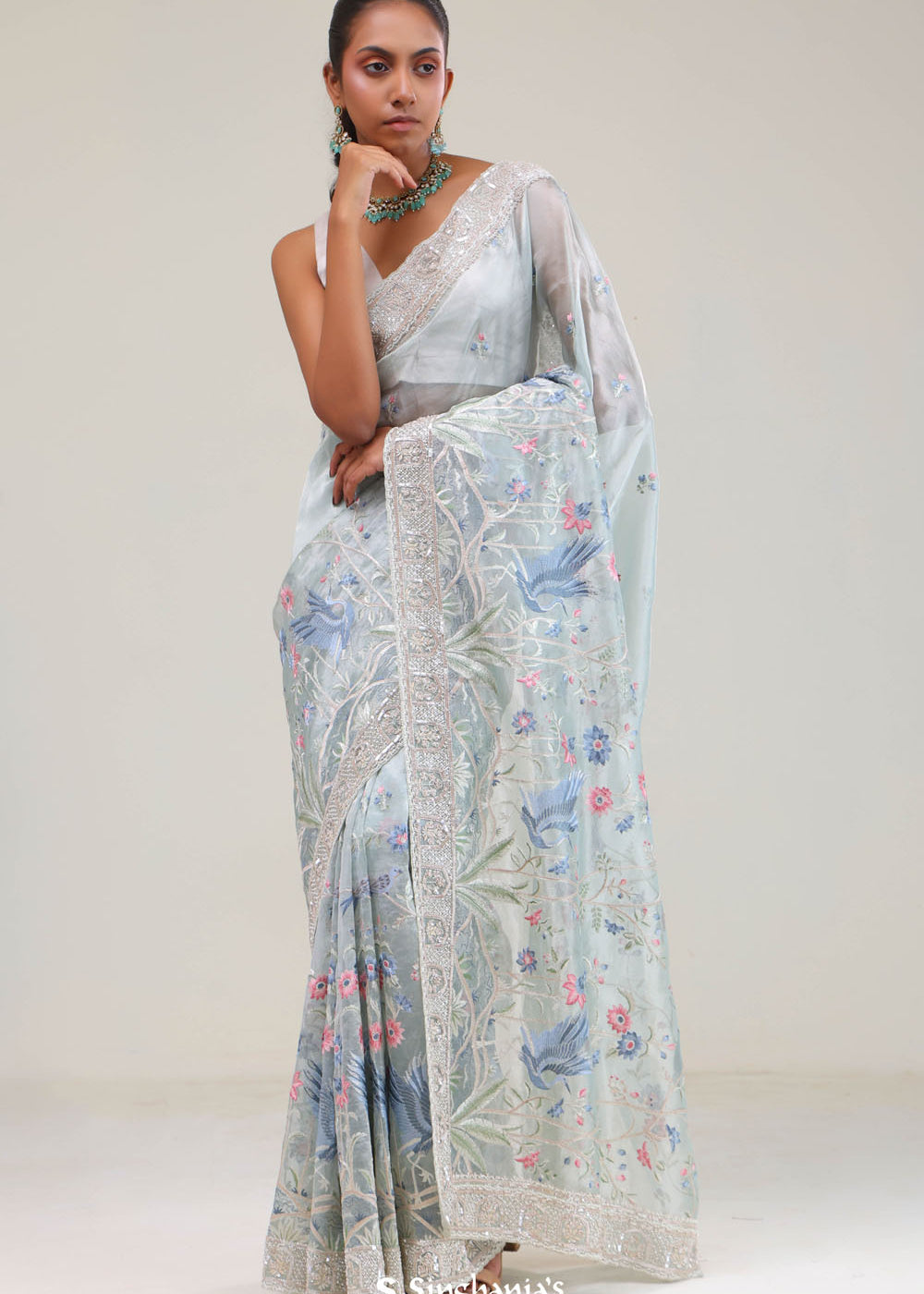 Pale Blue Crafted Jaal Tissue Saree