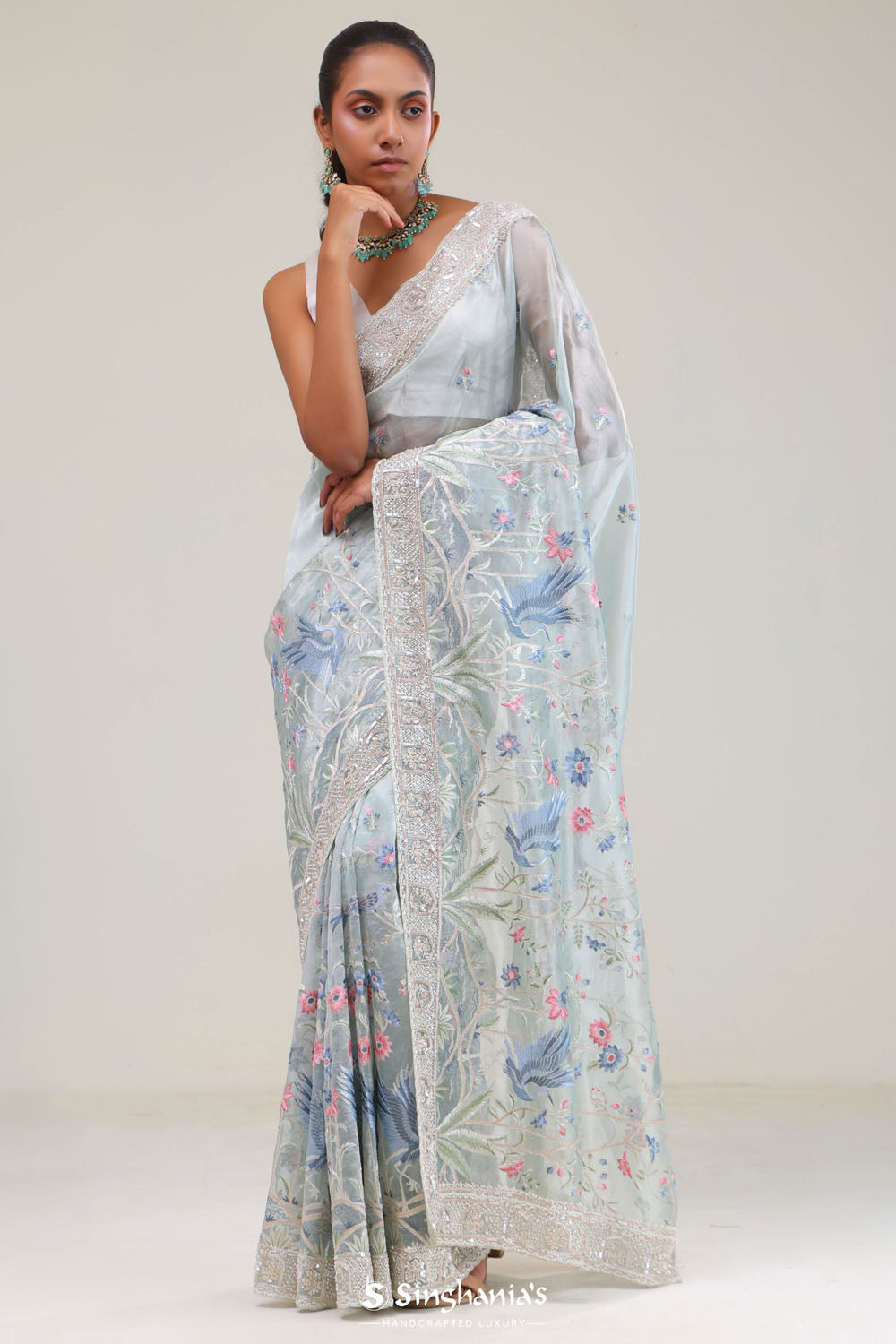 Pale Blue Crafted Jaal Tissue Saree