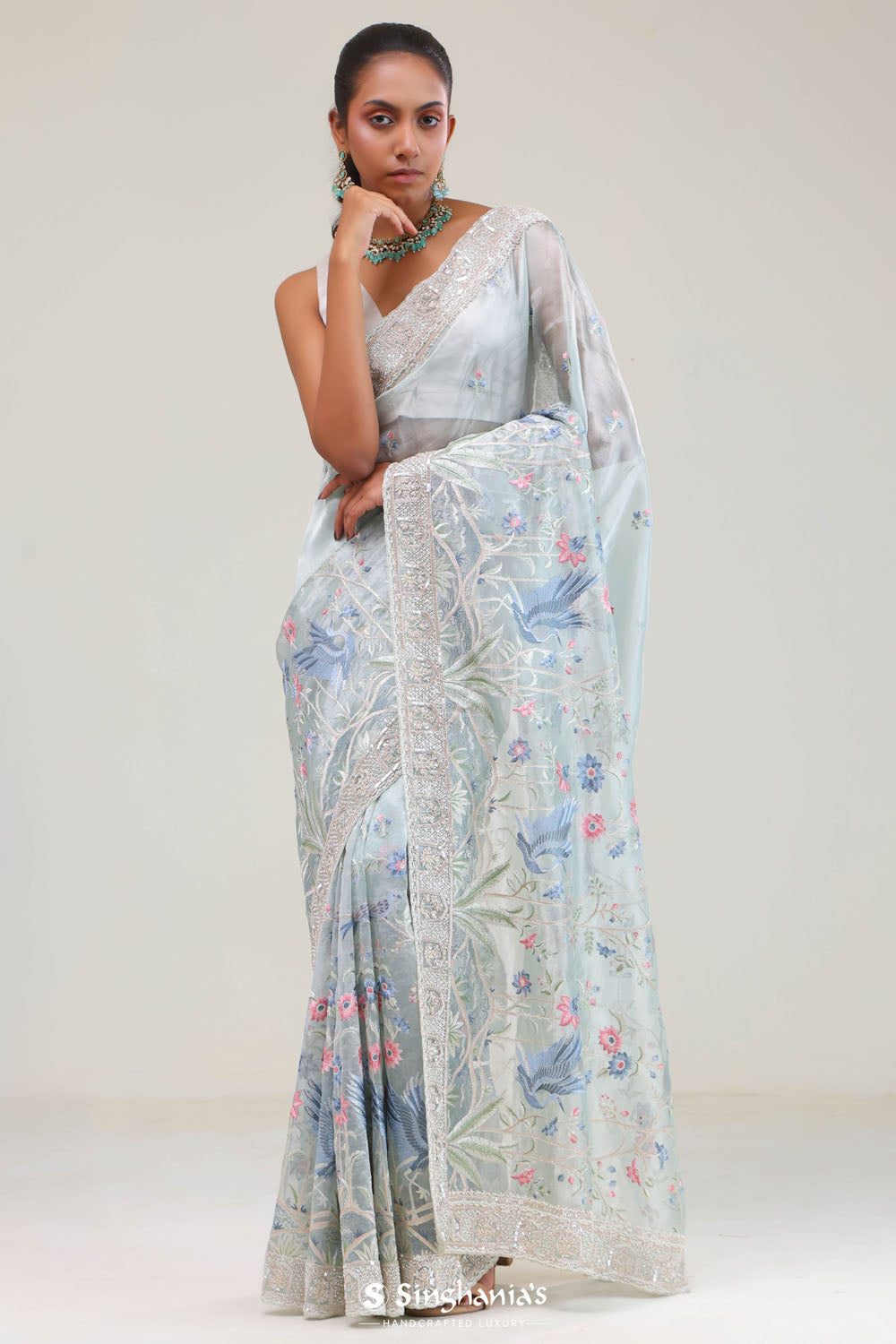 Pale Blue Crafted Jaal Tissue Saree