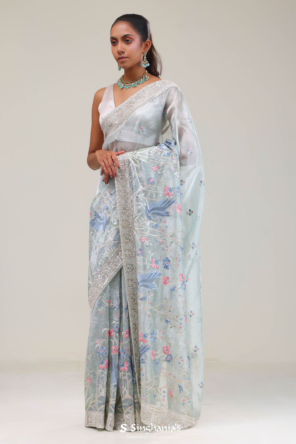 Pale Blue Crafted Jaal Tissue Saree