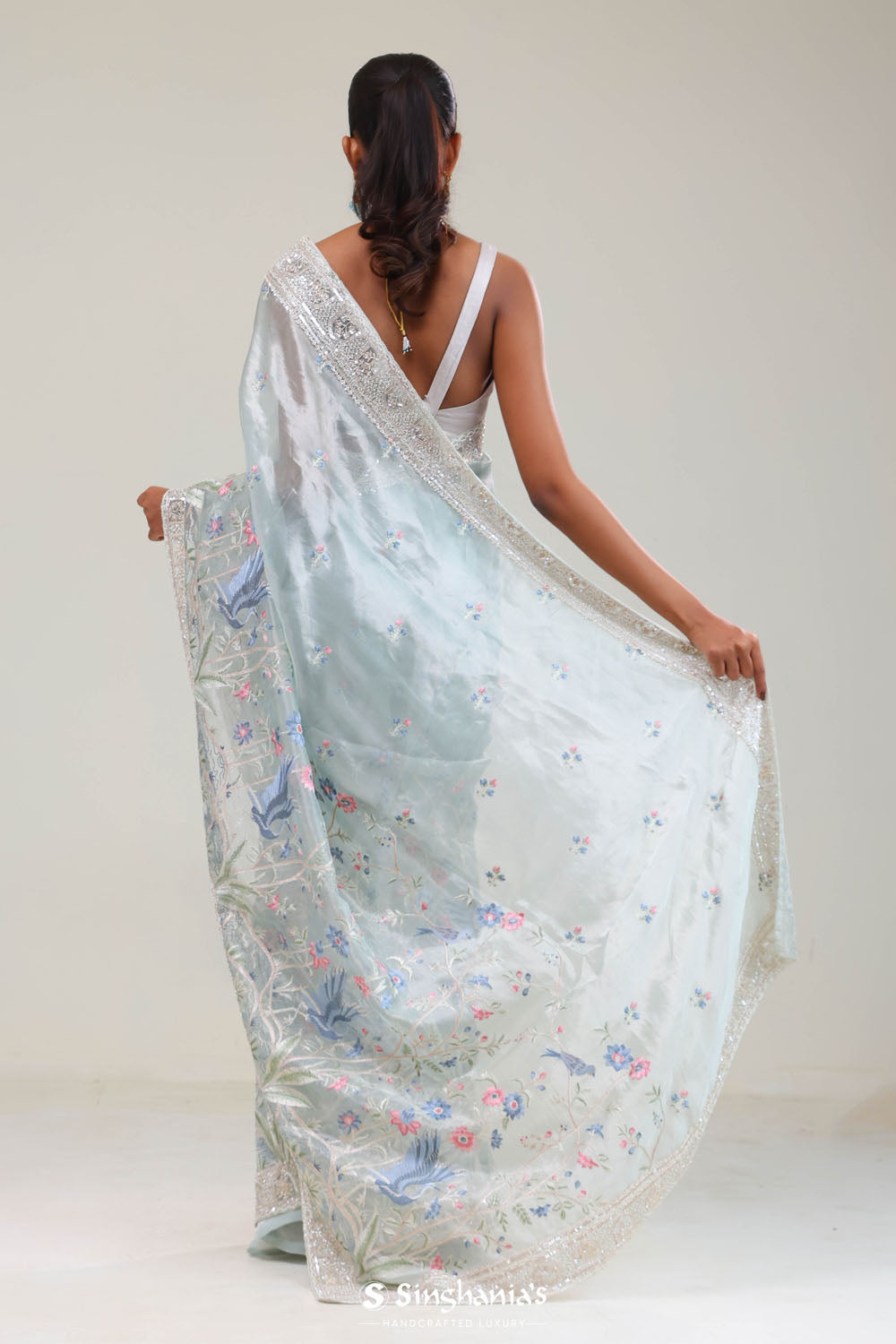 Pale Blue Crafted Jaal Tissue Saree