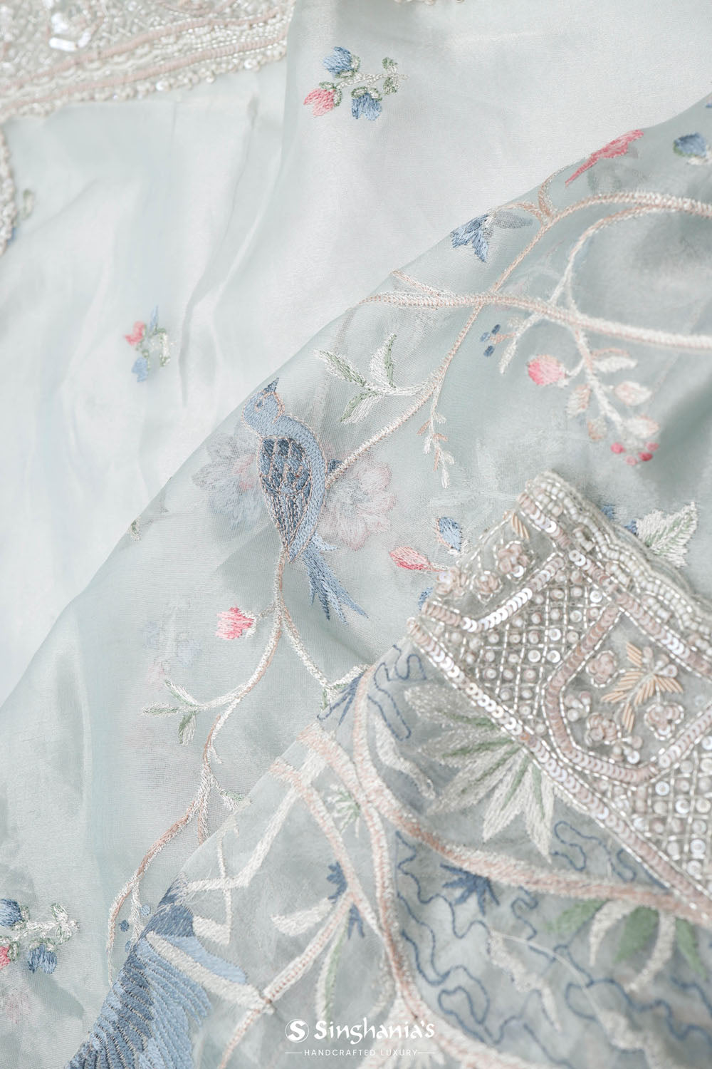 Pale Blue Crafted Jaal Tissue Saree