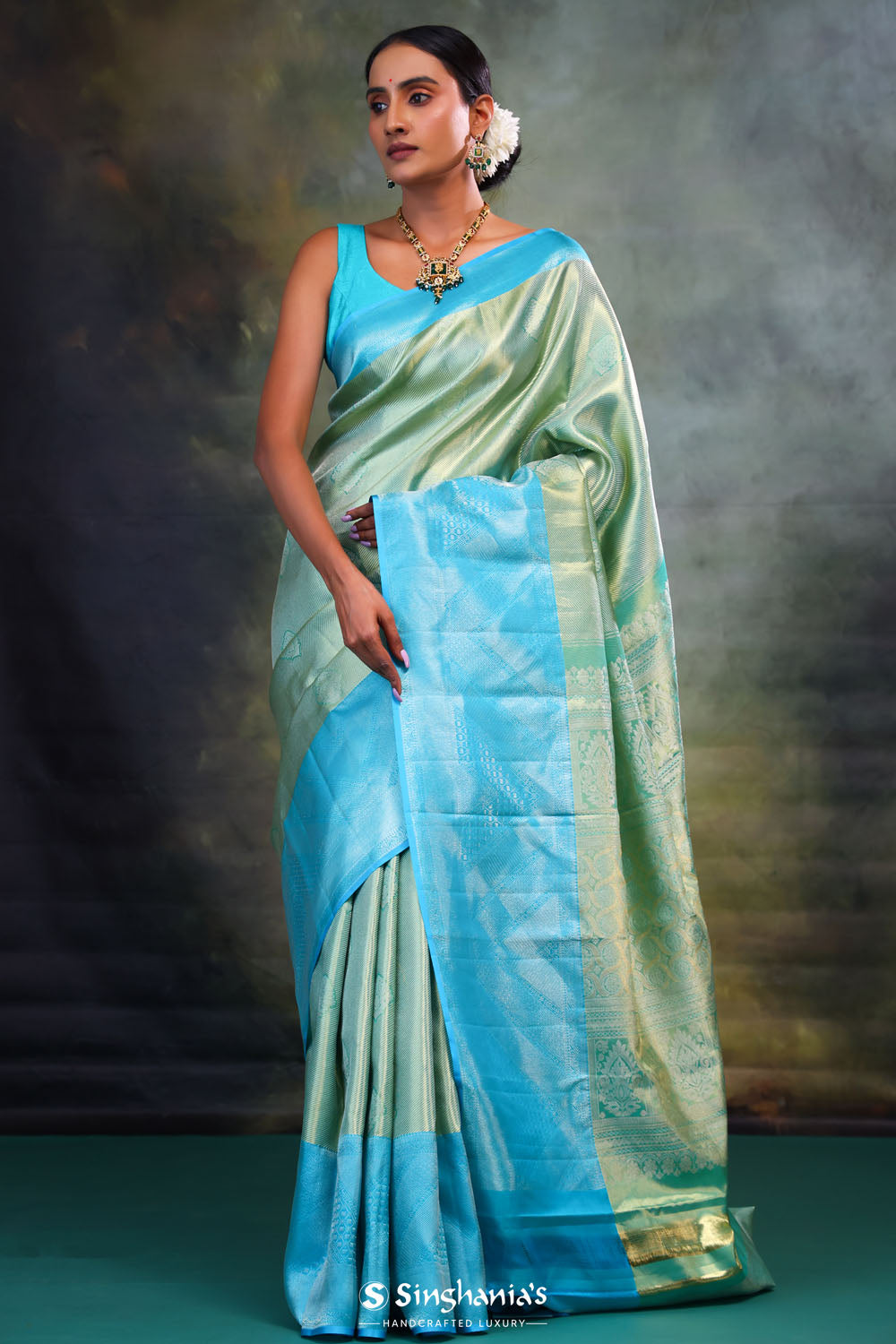 Jalli Kanjivaram Silk Saree In Tiffany Blue