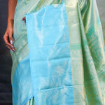 Jalli Kanjivaram Silk Saree In Tiffany Blue