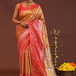 Orange Kanjivaram Tissue Saree With Contrast Red Border