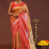 Orange Kanjivaram Tissue Saree With Contrast Red Border
