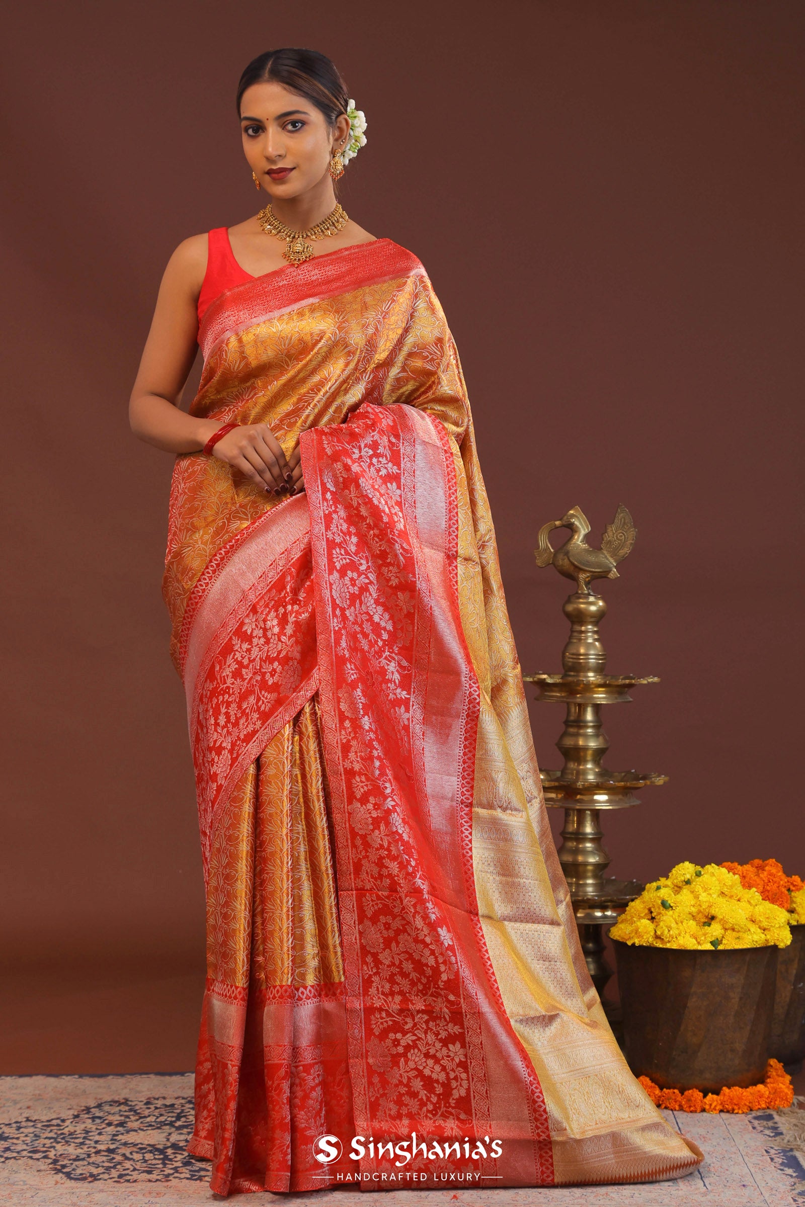 Orange Kanjivaram Tissue Saree With Contrast Red Border