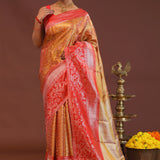 Orange Kanjivaram Tissue Saree With Contrast Red Border