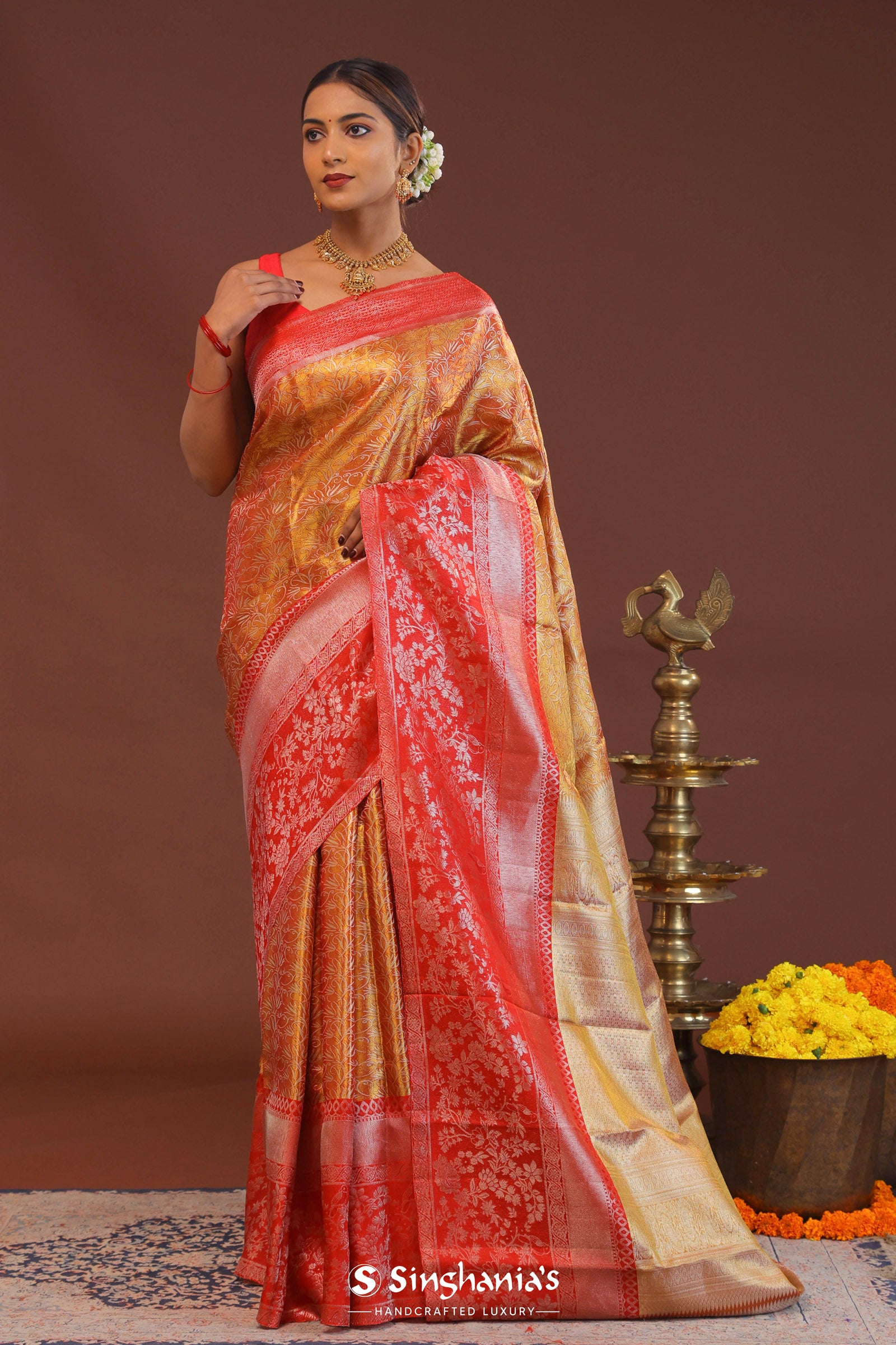 Orange Kanjivaram Tissue Saree With Contrast Red Border