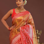 Orange Kanjivaram Tissue Saree With Contrast Red Border