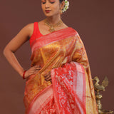 Orange Kanjivaram Tissue Saree With Contrast Red Border