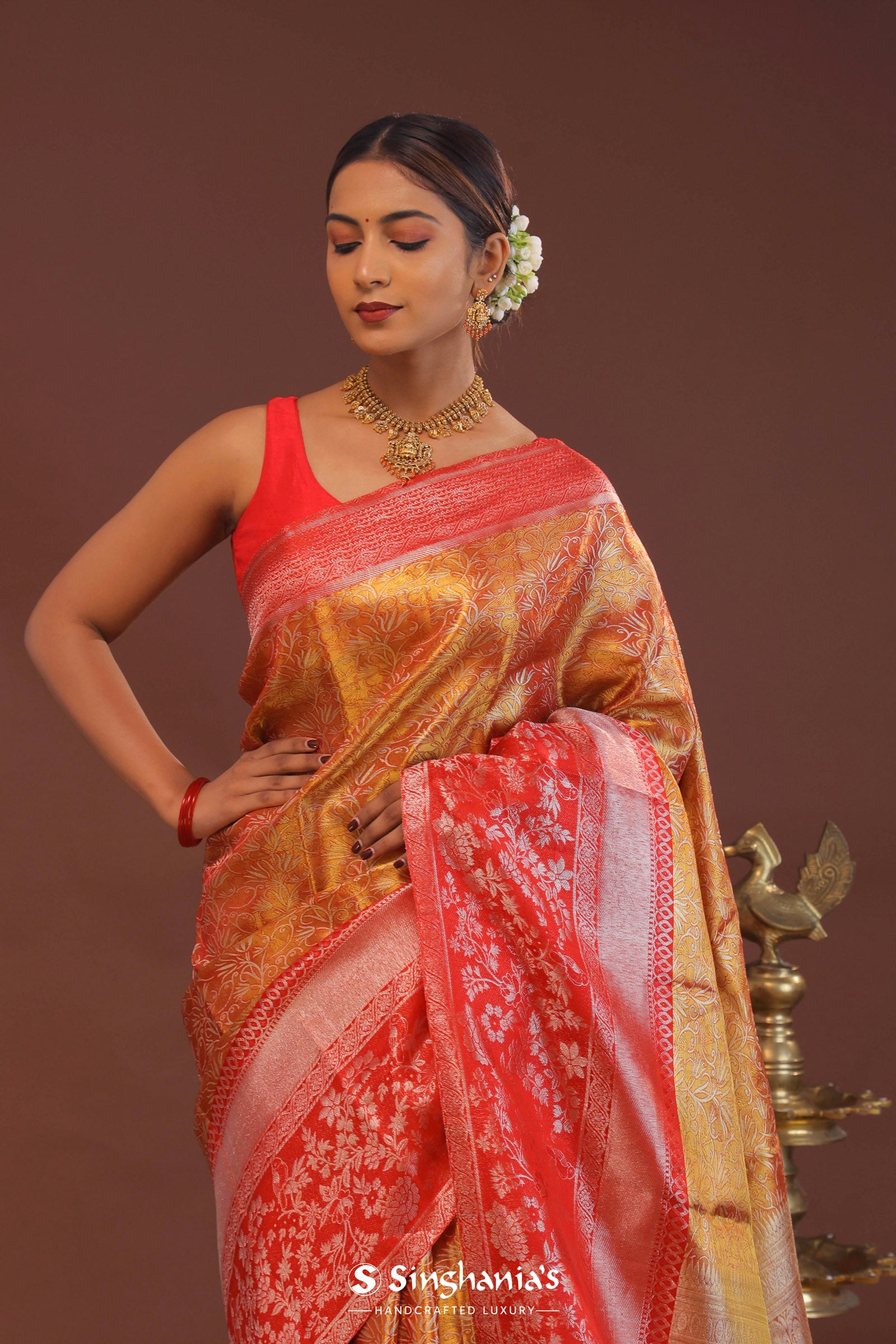 Orange Kanjivaram Tissue Saree With Contrast Red Border