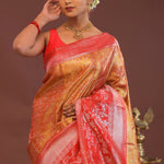 Orange Kanjivaram Tissue Saree With Contrast Red Border