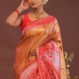 Orange Kanjivaram Tissue Saree With Contrast Red Border