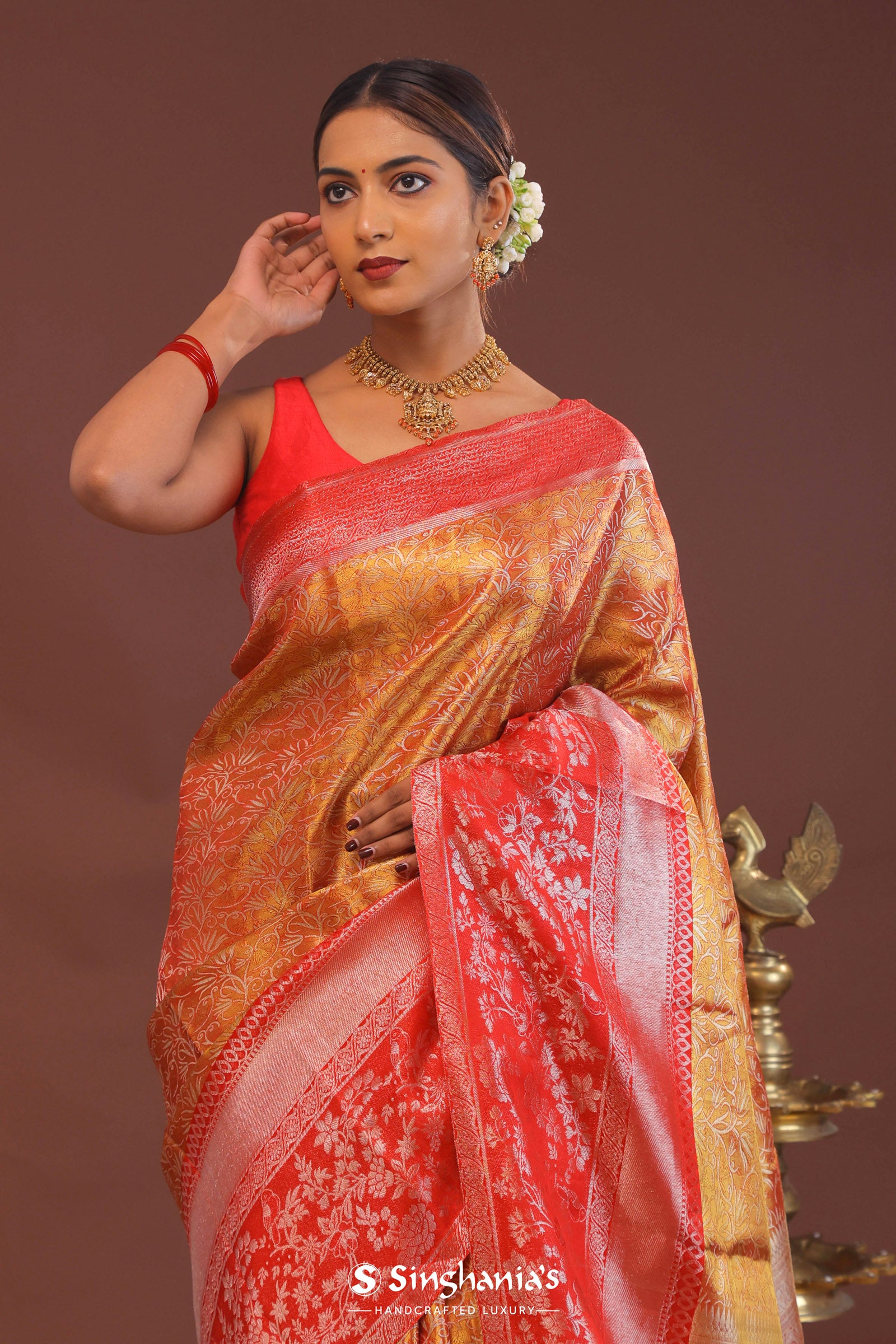 Orange Kanjivaram Tissue Saree With Contrast Red Border
