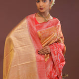 Orange Kanjivaram Tissue Saree With Contrast Red Border