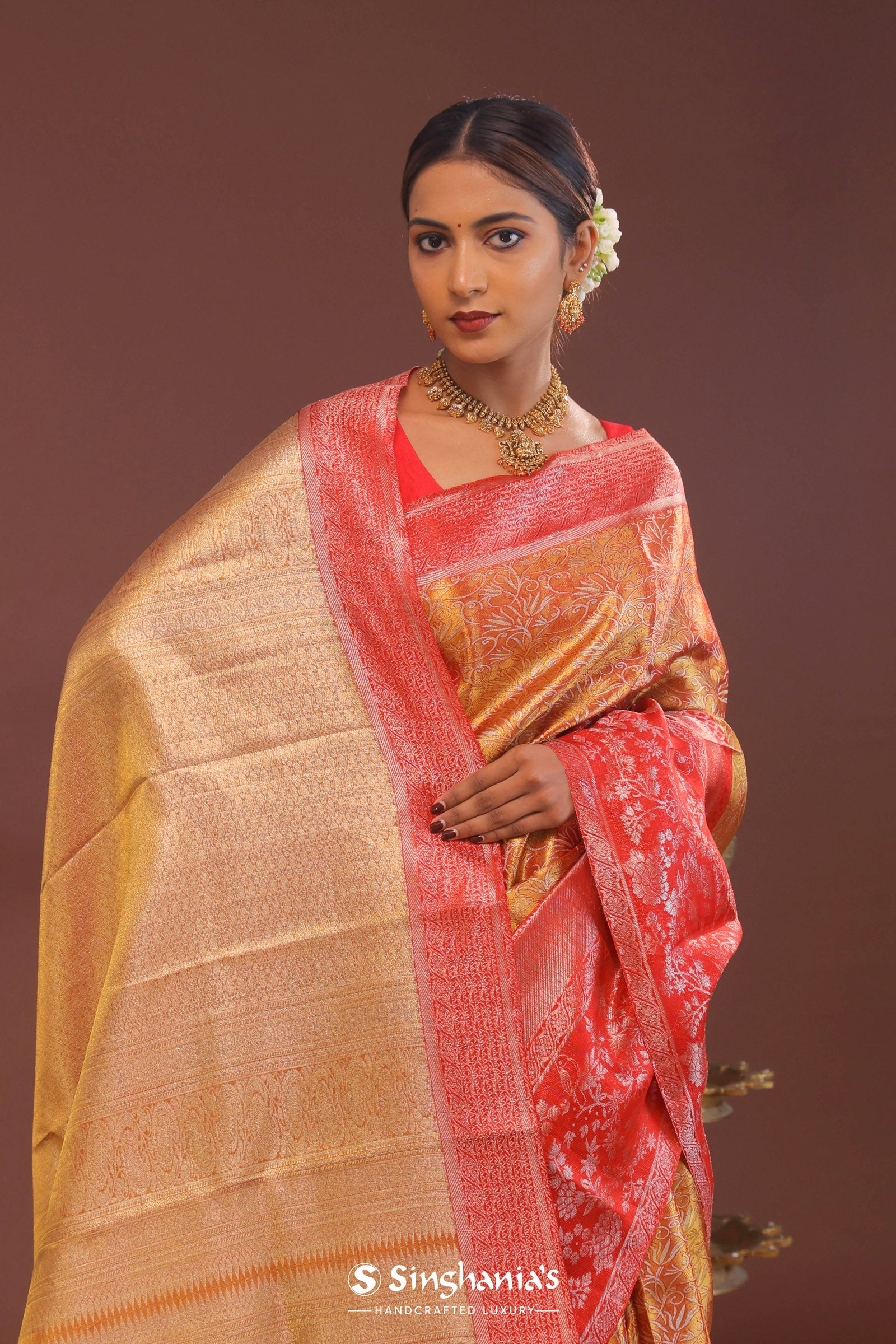 Orange Kanjivaram Tissue Saree With Contrast Red Border