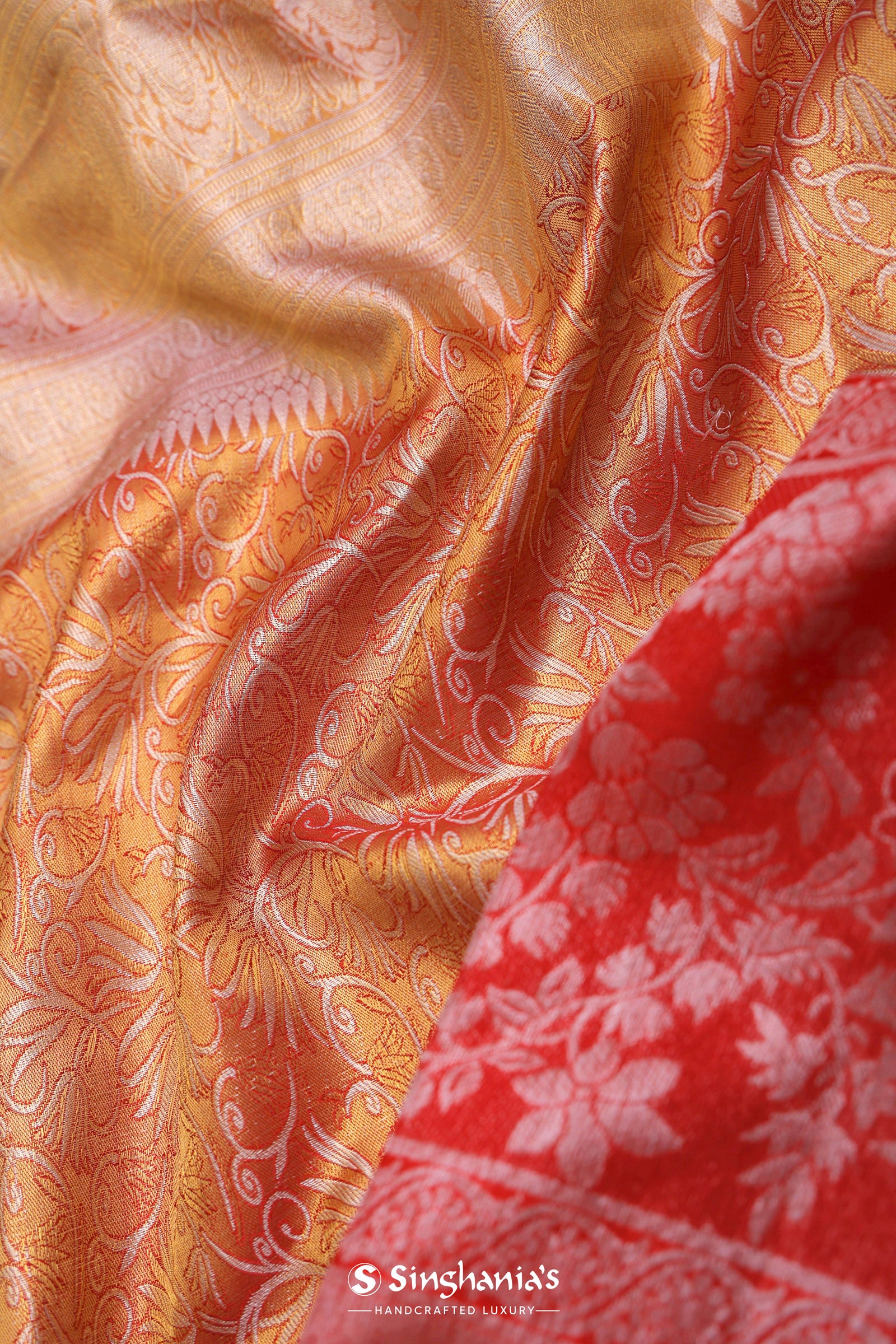 Orange Kanjivaram Tissue Saree With Contrast Red Border