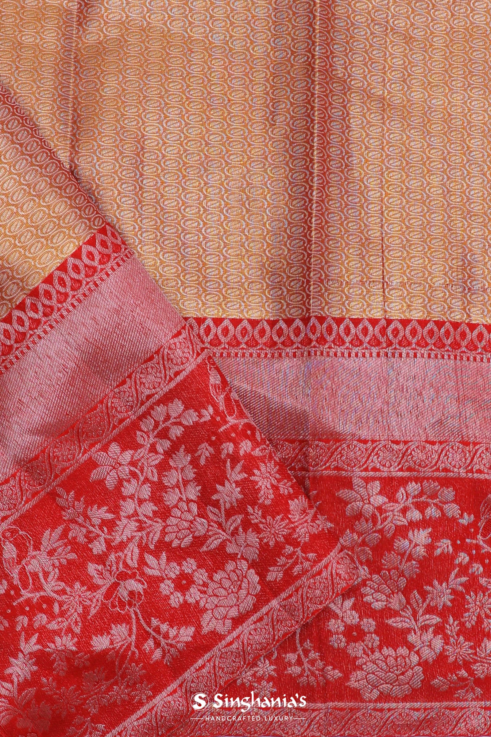 Orange Kanjivaram Tissue Saree With Contrast Red Border